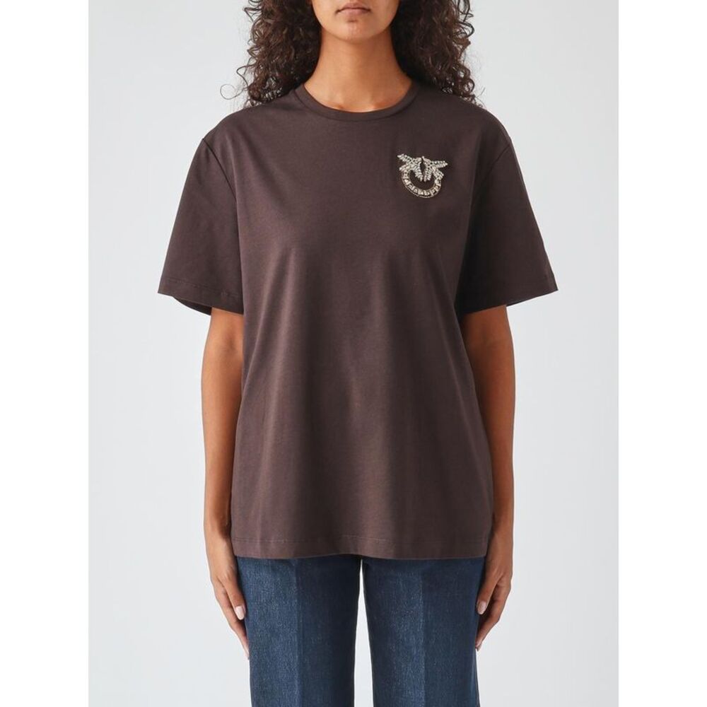 Pinko Women Pinko Cotton Crewneck T-Shirt With Rhinestone Love Birds Logo